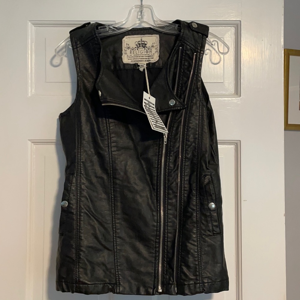 Religion long leather like vest.
